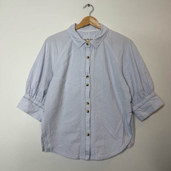 We The Free Ellie Stripe Puff Sleeve Pin Stripe 100% Cotton Collared Blouse - Picture 4 of 11